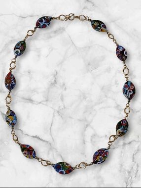 Vintage Venetian Millefiori Bead Goldtone Chain Necklace